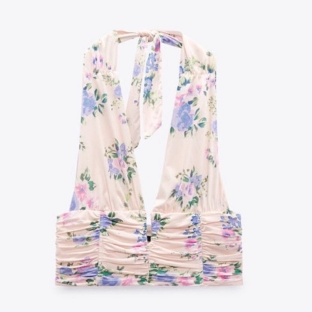 Zara Women's pink Floral Print Ruched Bodice Halter Tie Crop Top